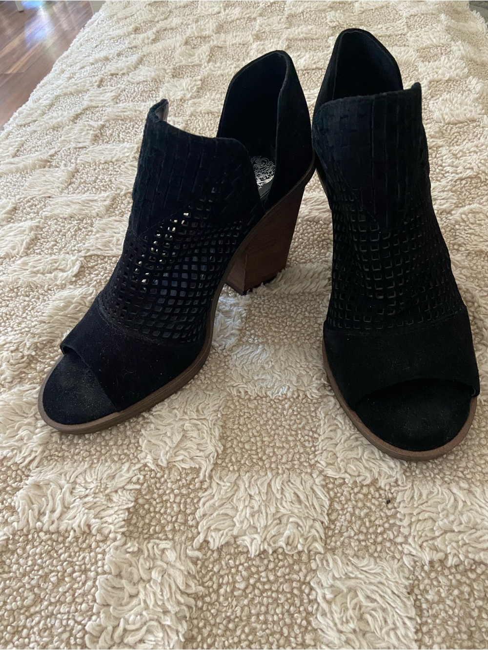 Vince Camuto Black Open-Toe Perforated Suede Block Heel Booties